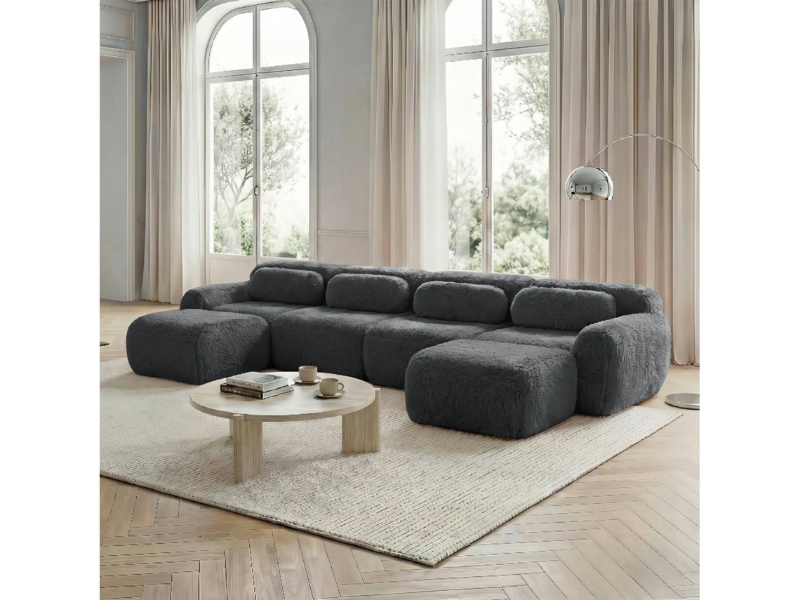 Sofá Modular U de 4 Lugares MOBRIO Sem Montagem, Combinável, Felpa, Suporte Ergonómico Cinza