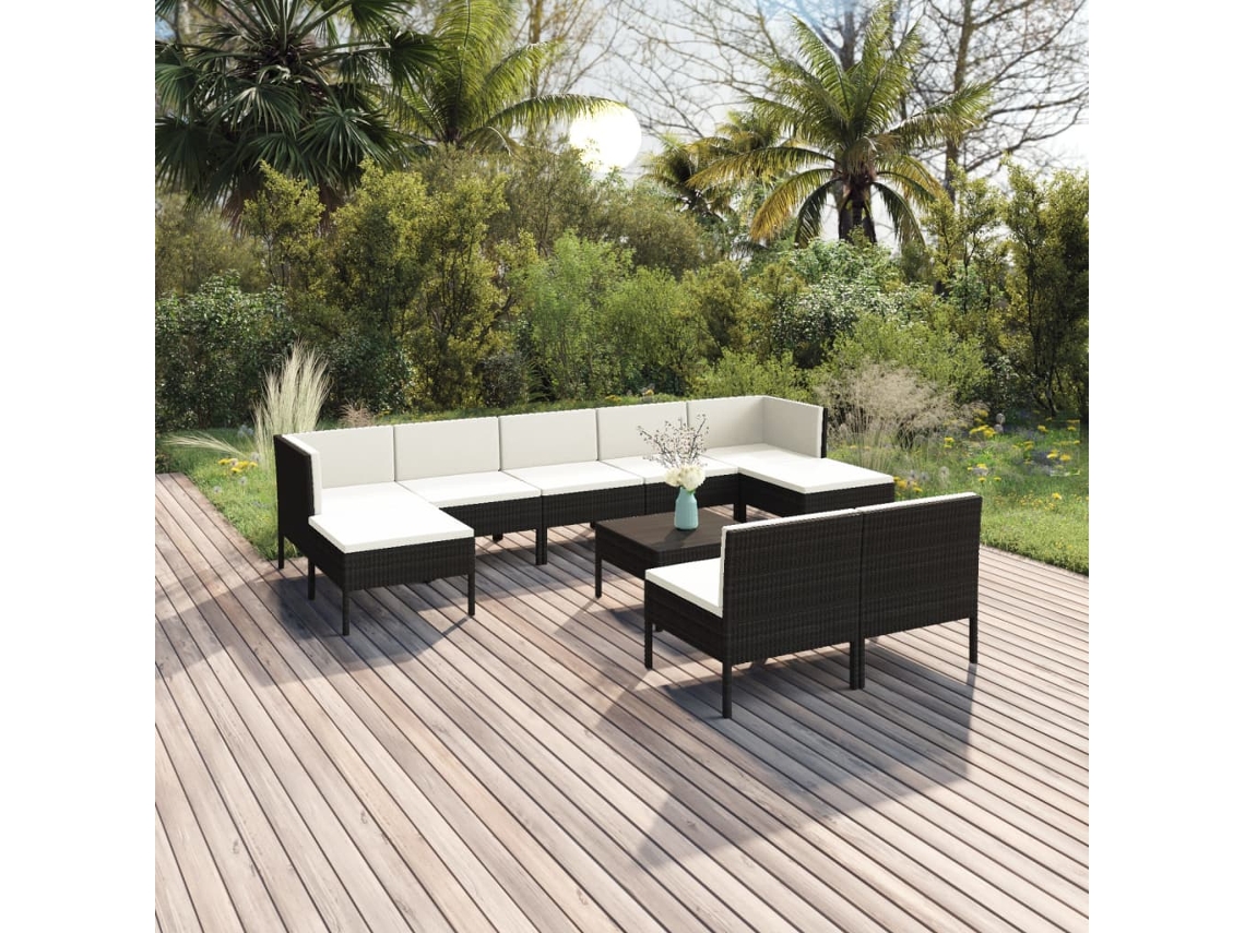 Vidaxl 10 Pcs Conjunto Lounge De Jardim C/ Almofadões Vime Pe Preto