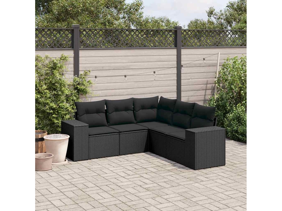 Vidaxl 5 Pcs Conjunto Sofás De Jardim Com Almofadões Vime Pe Preto