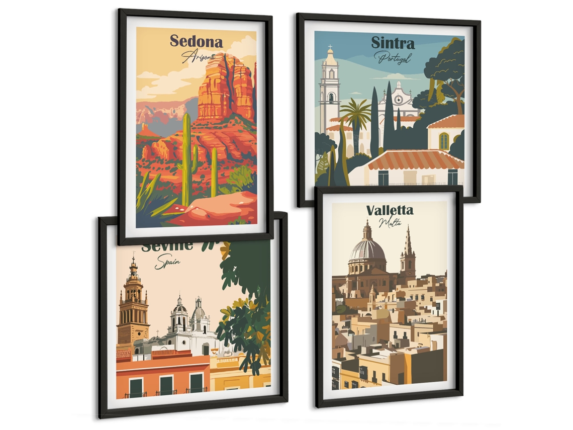 Composição De Quadros Paisagens De Cidades Europeias Espelharte (4 Peças)