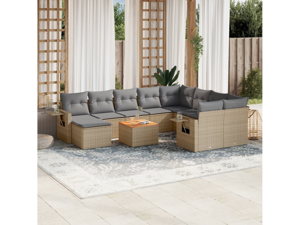 Vidaxl 11 Pcs Conjunto Sofás De Jardim C/ Almofadões Vime Pe Bege
