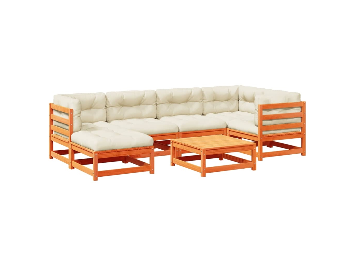 Conjunto de 7 Sofás Jardim com Almofadões Pinho Maciço Castanho Mel MAISON EXCLUSIVE