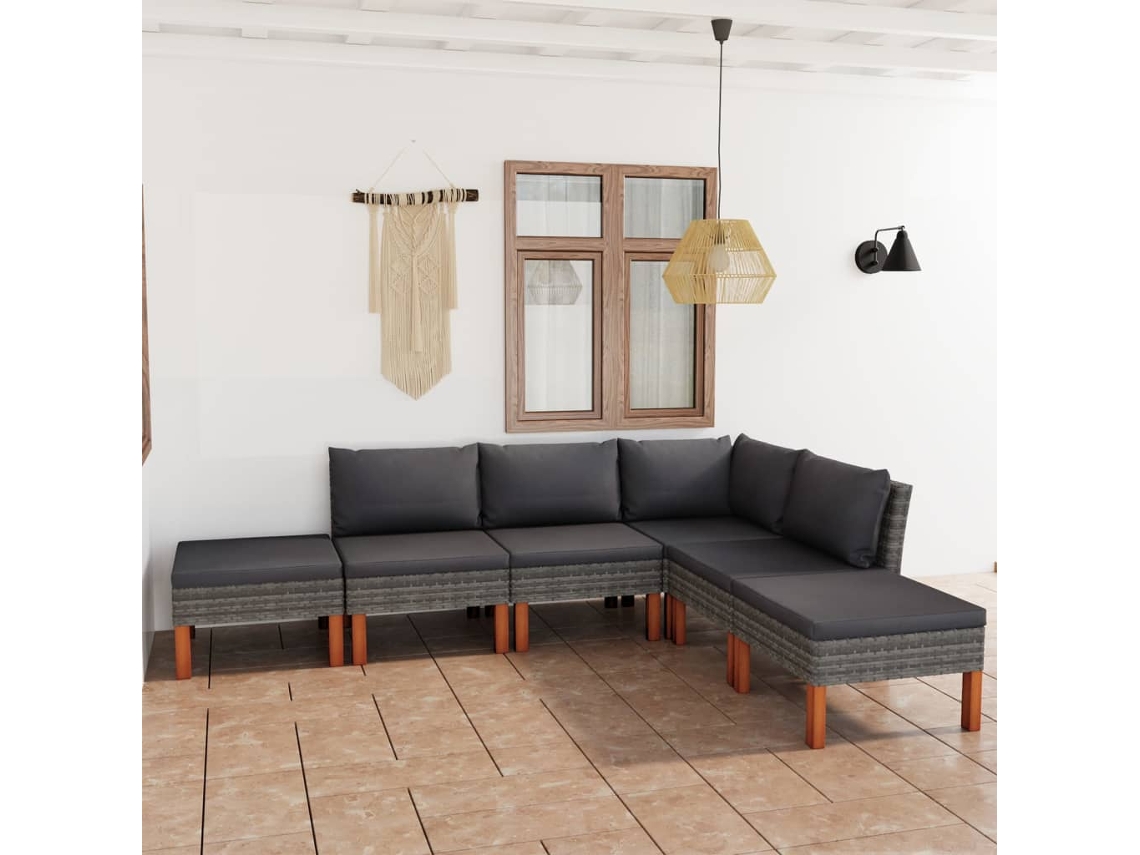 Vidaxl 6 Pcs Conjunto Lounge De Jardim C/ Almofadões Vime Pe Cinzento