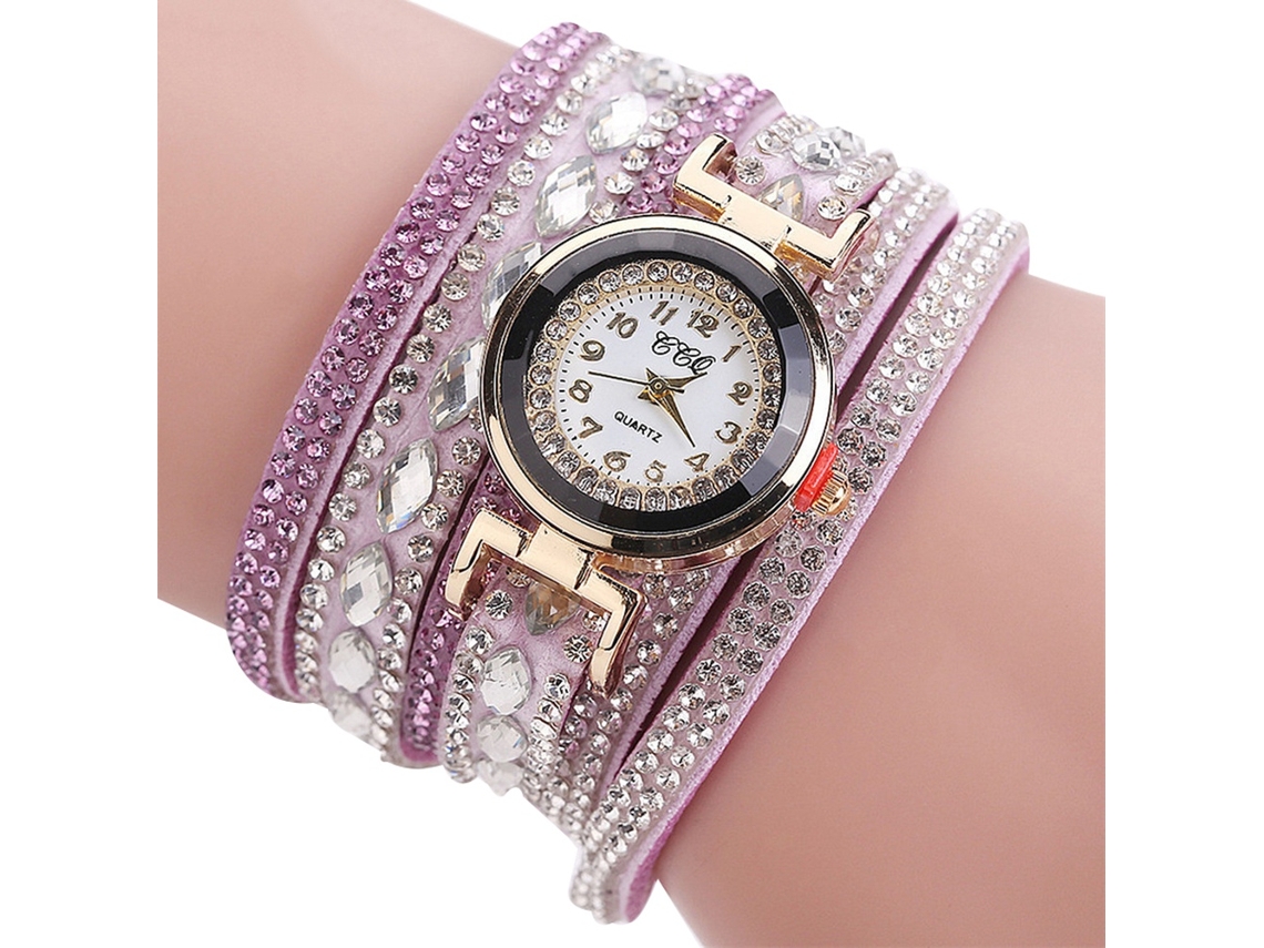 Relógio Analógico Feminino de Quartzo com Pulseira Pu e Pedras de Circonio Rosa
