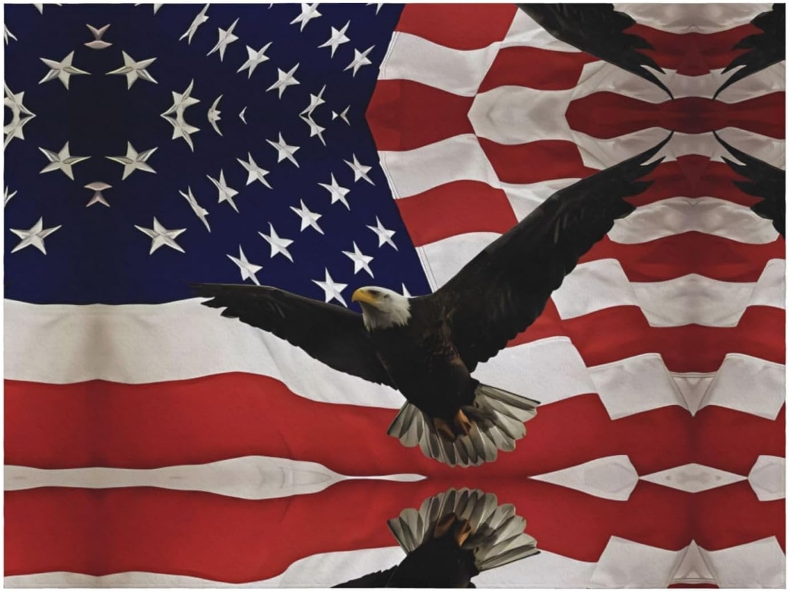 Colcha de Flanela com Estampa da Bandeira Americana e Águia Macia Aconchegante para Sofá Quarto 203 2 X 152 4