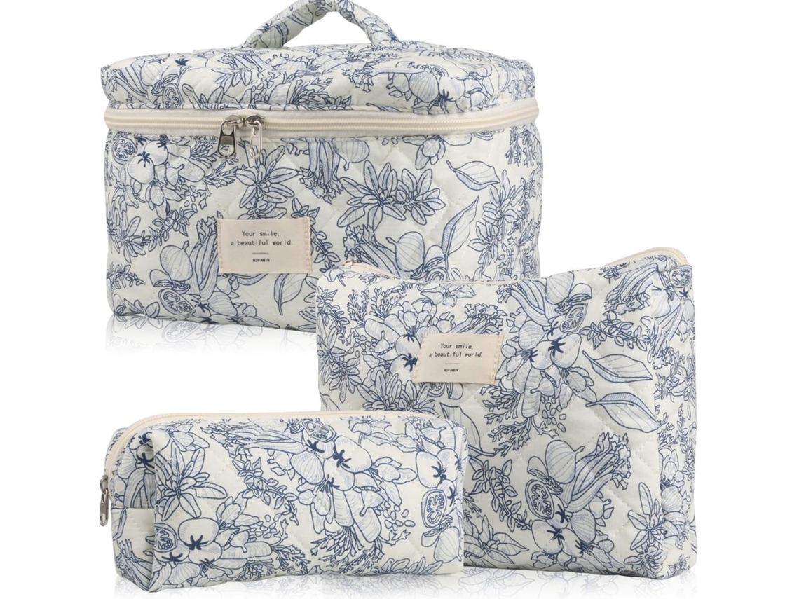 Conjunto De Necessaires Grandes De Algodão Para Maquilhagem (3 Peças) - Estampado Floral, Grande Capacidade （5）
