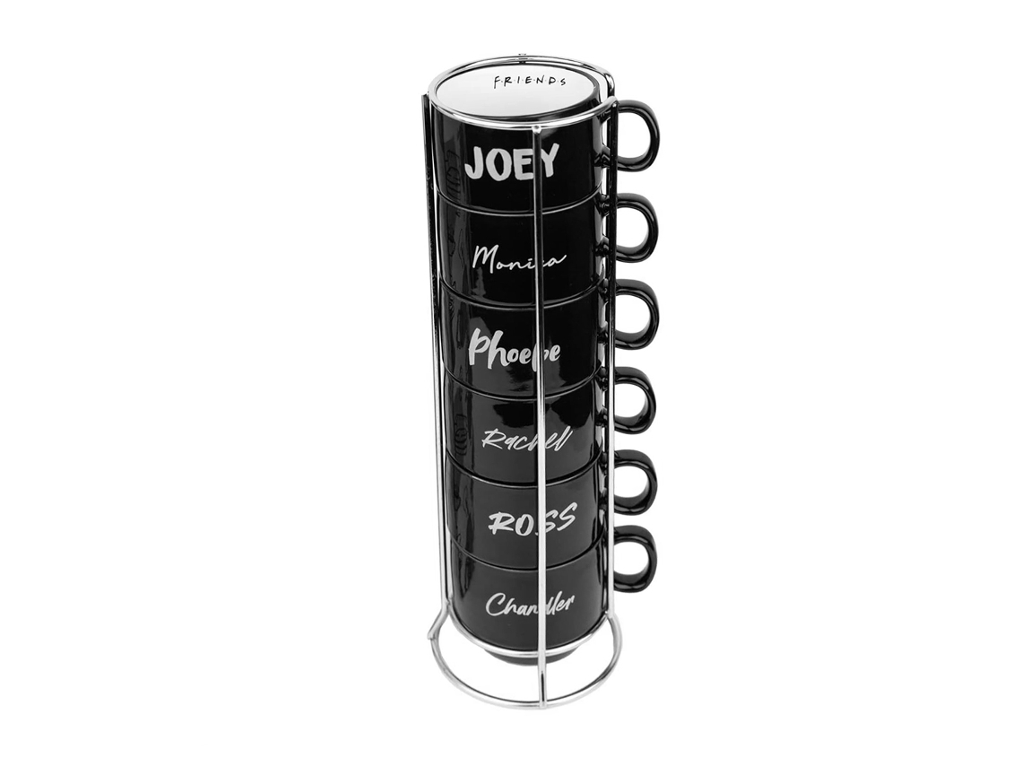 Conjunto de 6 potes de cerâmica Friends de 150ml, compatíveis com micro-ondas, com suporte de metal preto.