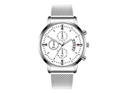 Relógio masculino casual com mostrador redondo colorido, movimento de quartzo e pulseira (branco e prateado).
