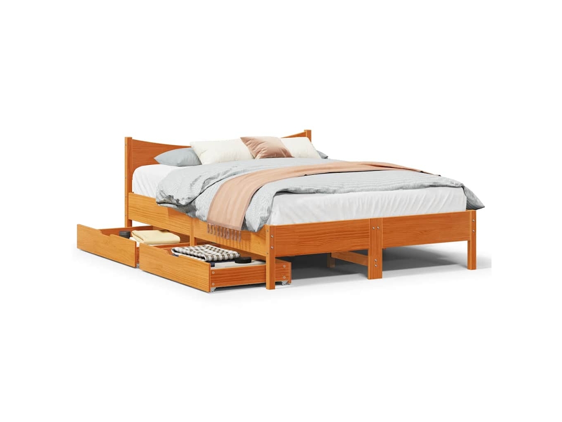 Vidaxl Estrutura Cama C/ Gavetas 140x200 Cm Pinho Maciço Castanho mel