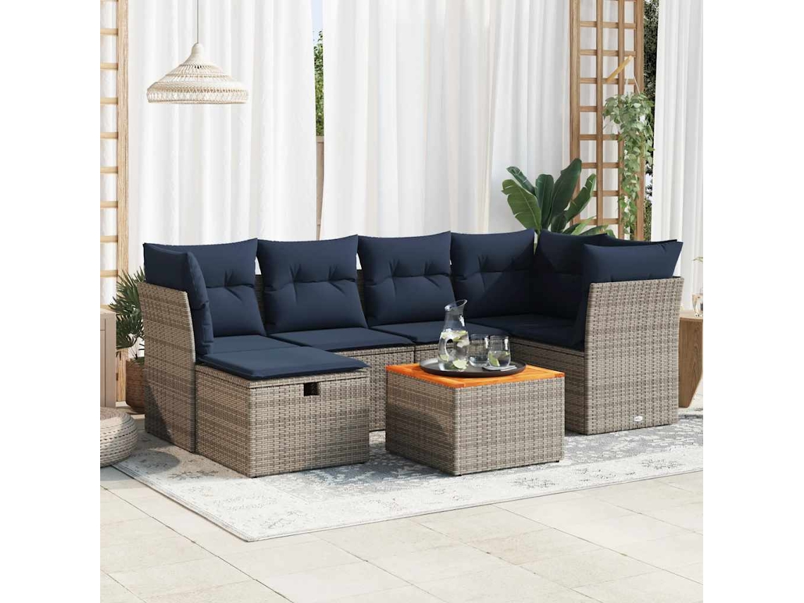 Vidaxl 7 Pcs Conjunto Sofás P/ Jardim C/ Almofadões Vime Pe Cinzento