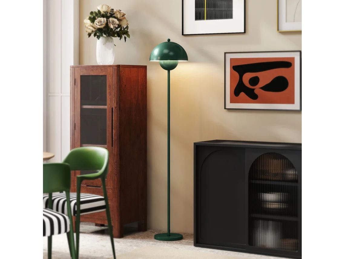 Luminária De Chão Com Cúpula Semicircular E Interruptor De Pé, Em Aço, Ø30x155 Cm, Verde.