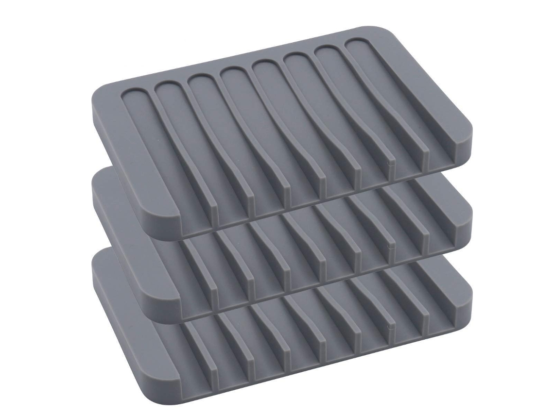 Set de 3 porta sabonetes de silicone com drenagem automática, cinza | S/MARCA