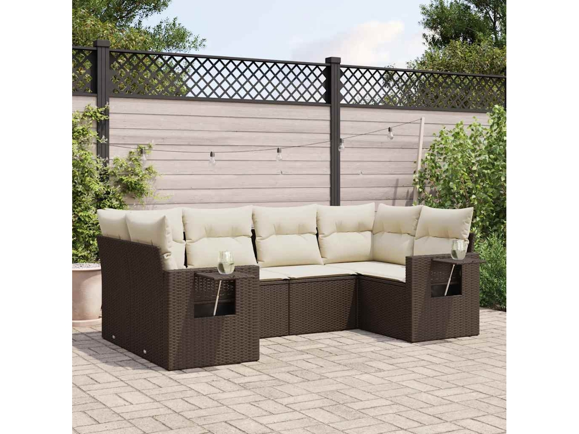 Vidaxl 6 Pcs Conjunto De Sofás Jardim C/ Almofadões Vime Pe Castanho