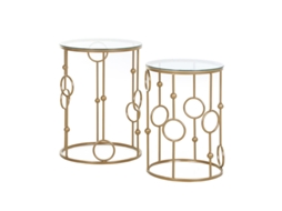 Conjunto 2 Mesas Centro Tampa Vidro, Design Pneu Bola, Ø41x57 Cm, Dourado