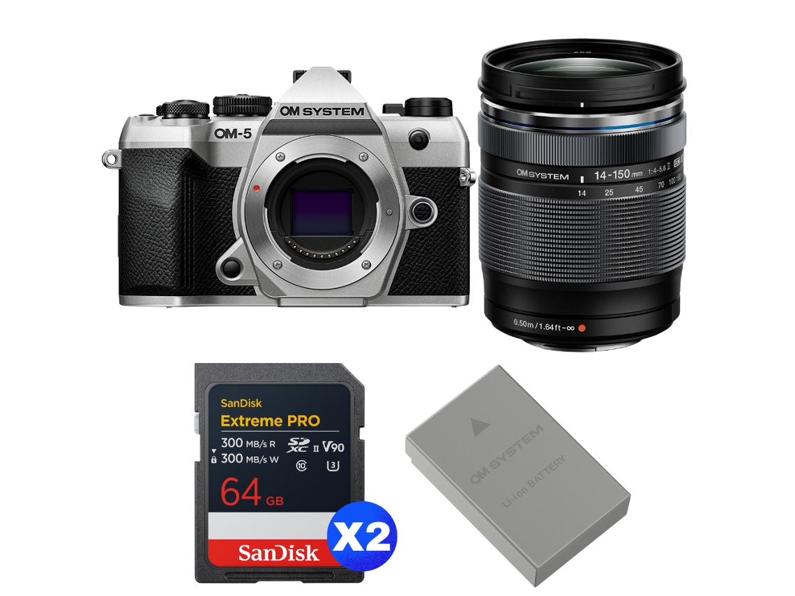 Om 5 Mark Ii Prateado + 14 150mm F/4 5.6 Ii + 2 Sandisk 64gb Extreme Pro Uhs ii Sdxc + Om System Bls 50 + Ebook Pricedirect OM SYSTEM