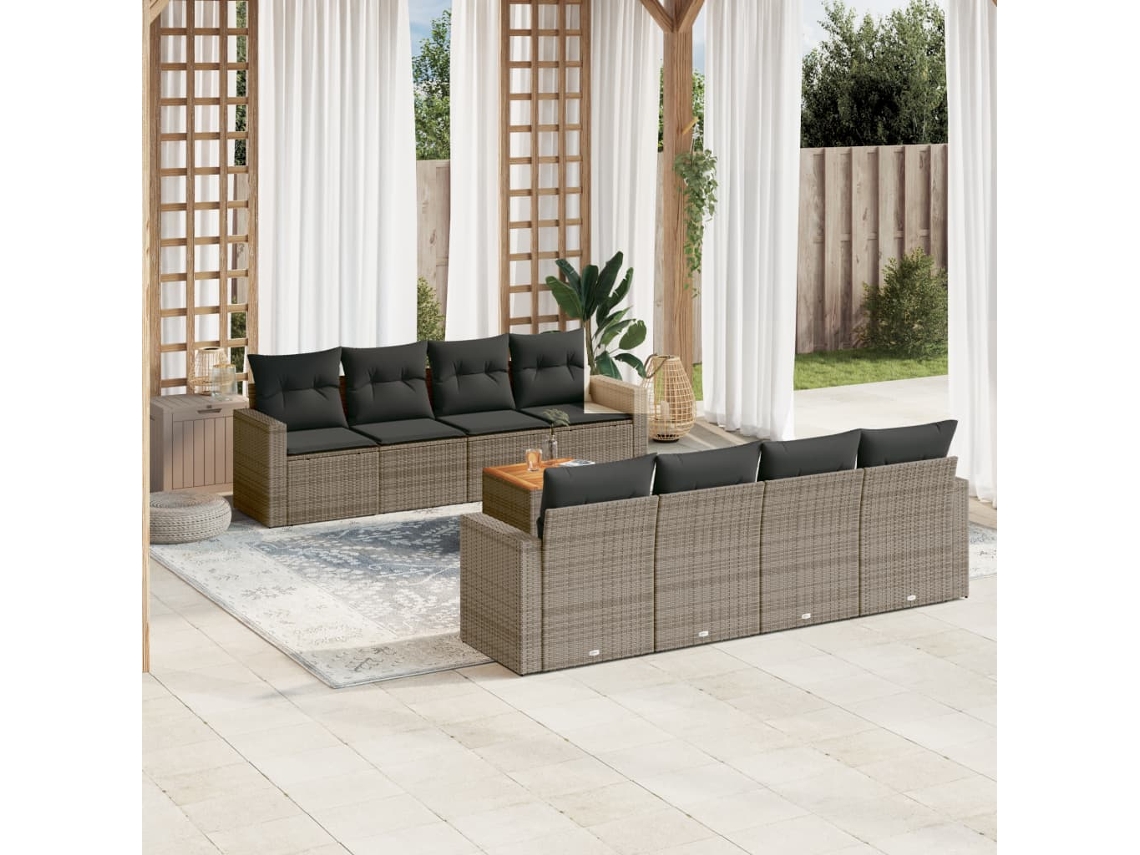 9 Pcs Conjunto Sofás P/ Jardim Com Almofadões Vime Pe Cinza Dkd Home Decor