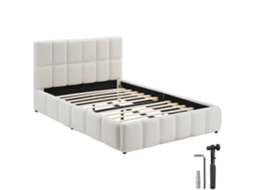 Cama Estofada Tectake Com Base Ripas, Moderna E Conforto Design, Tecido Teddy, Mdf E Aço, 133x220x93cm, Creme