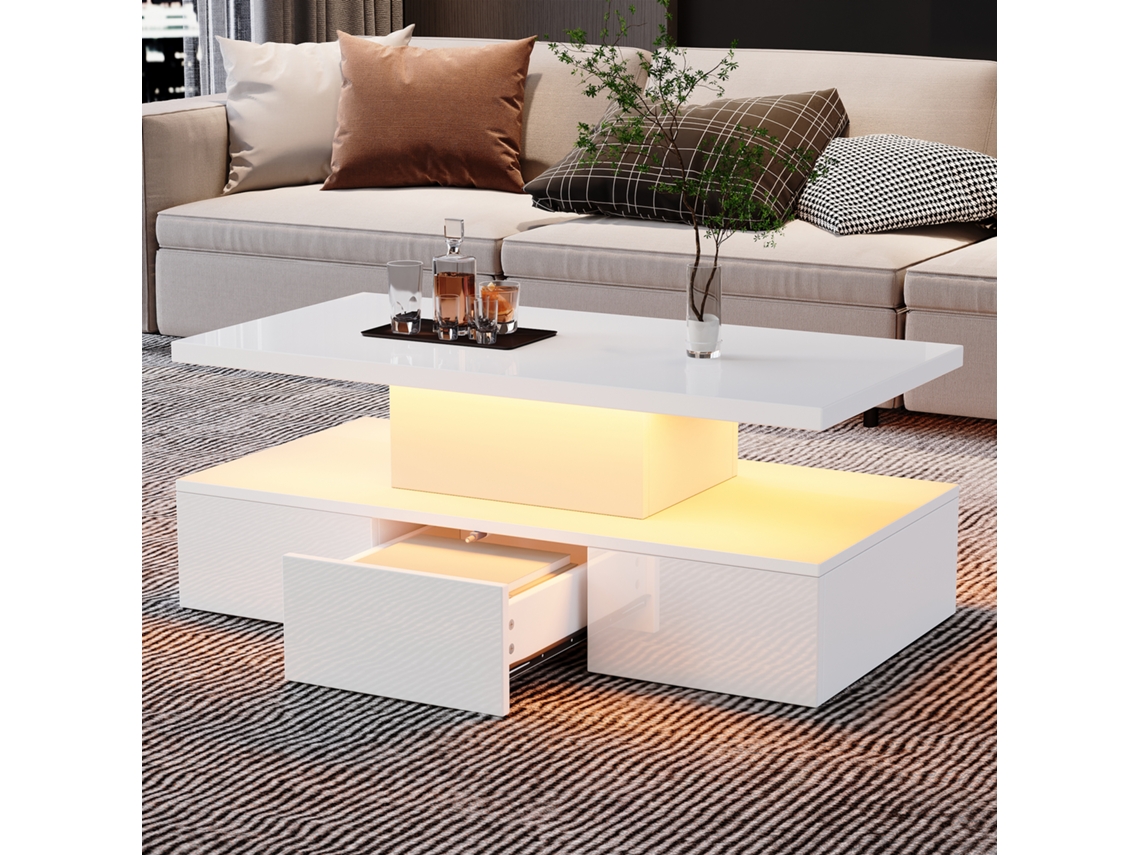 Mesa Centro 2 Níveis Led 16 Cores 1 Gaveta Branca
