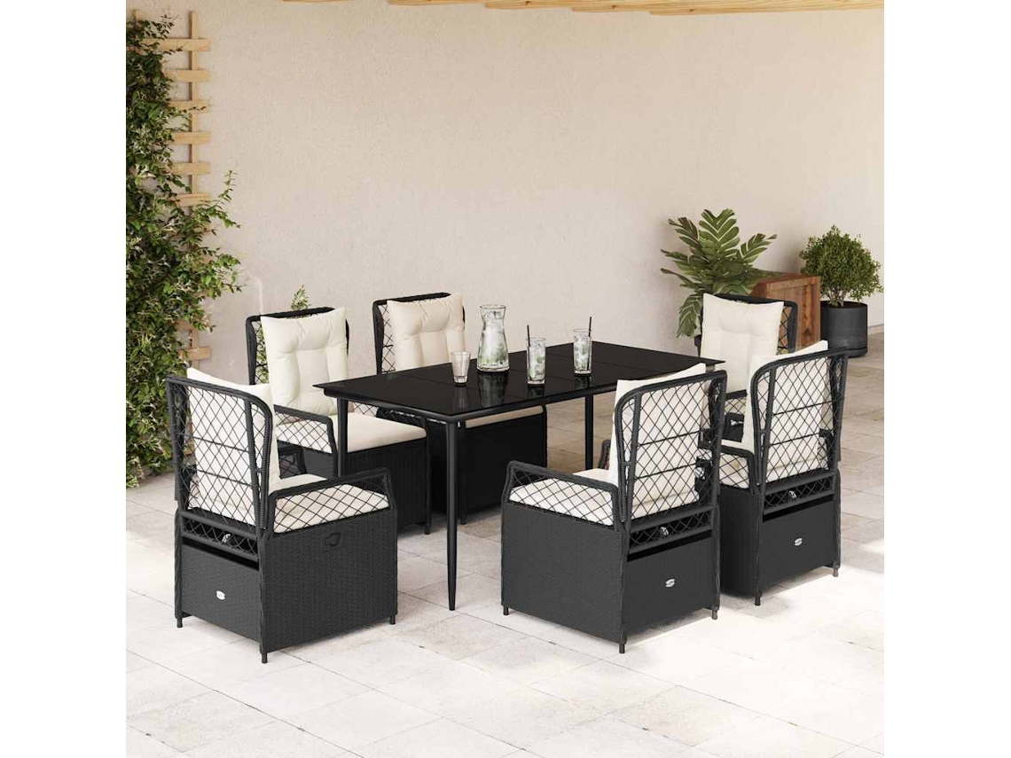 Vidaxl 7 Pcs Conjunto De Jantar P/ Jardim C/ Almofadões Vime Pe Preto