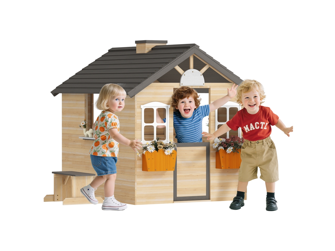 Casa Infantil Para 3-7 Anos Com 2 Janelas, Vaso E Banco, Madeira De Abeto E Pp, 113x94x134,5 Cm.