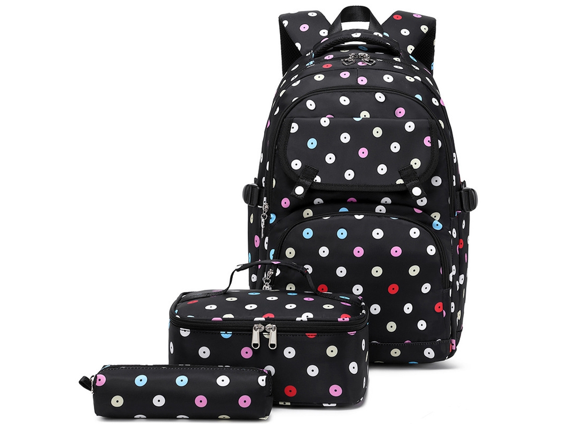 Mochila Floral com Lancheira E Estojo Para Lápis para Crianças E Adolescentes. Preto Hexinyigjly