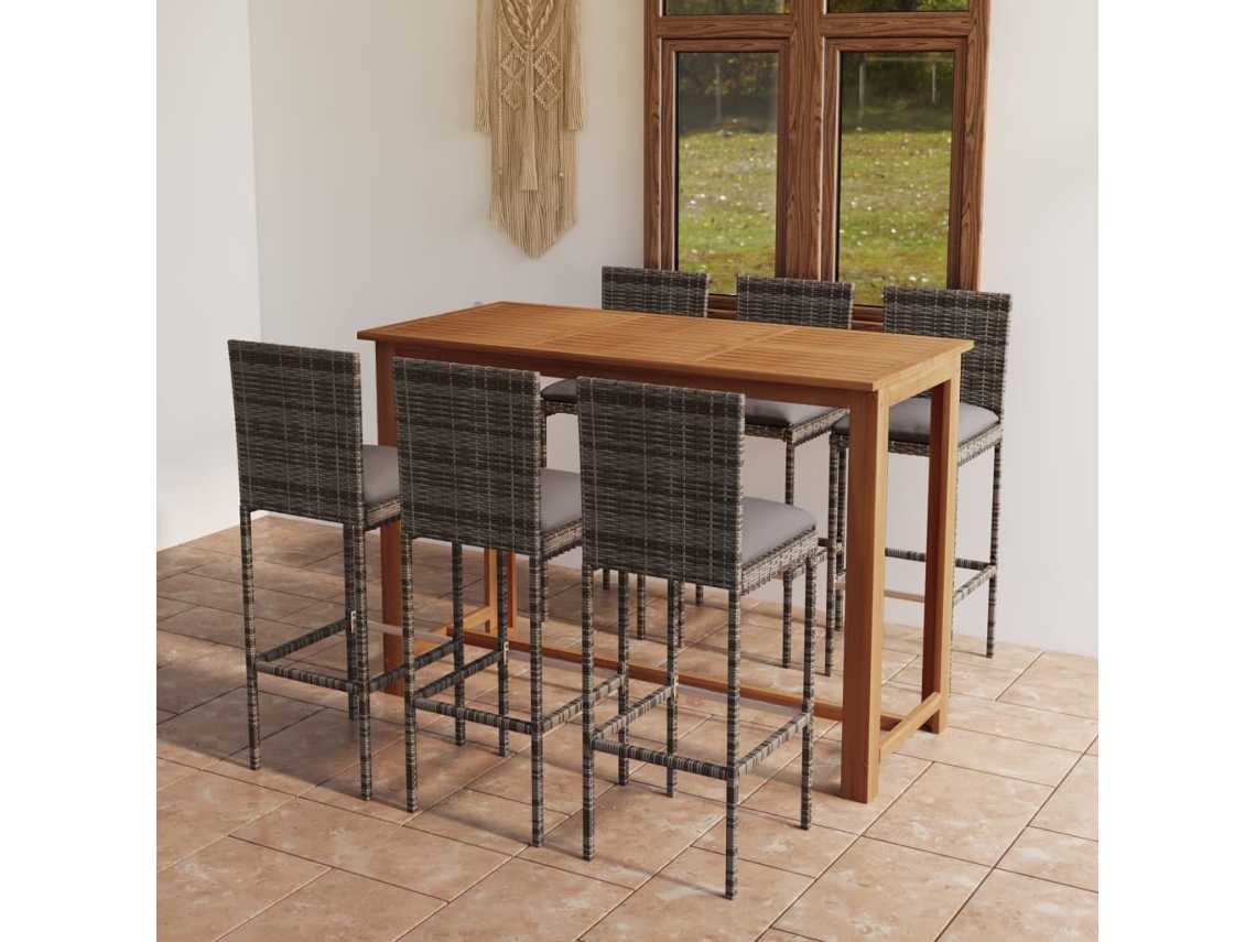 Vidaxl 7 Pcs Conjunto De Bar Para Jardim Com Almofadões Cinzento