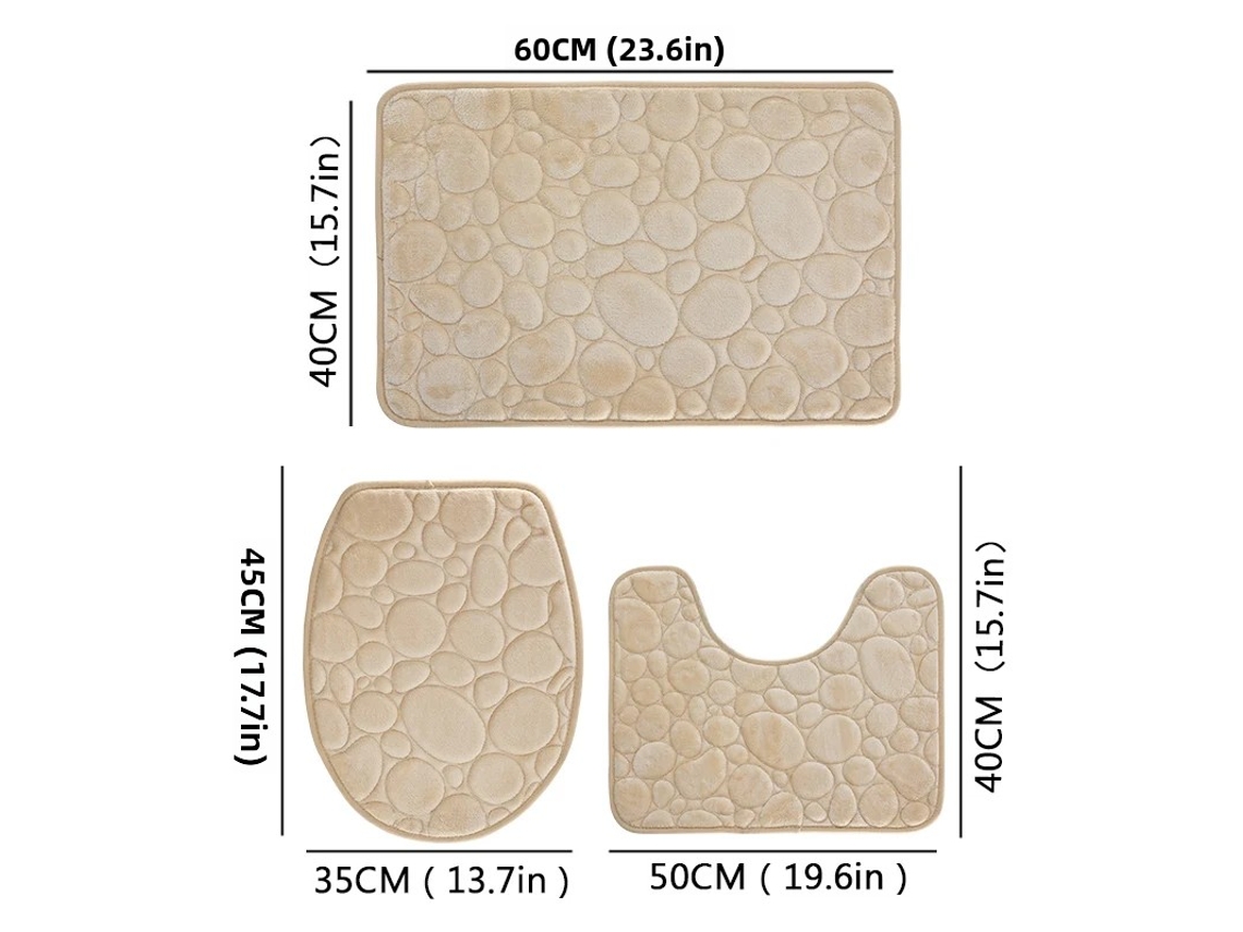 Conjunto de Tapete de Banheiro Antiderrapante e Absorvente de Três Peças, Cor Sólida, Padrão Pedra, Tapete Ecológico MDUG (cáqui)