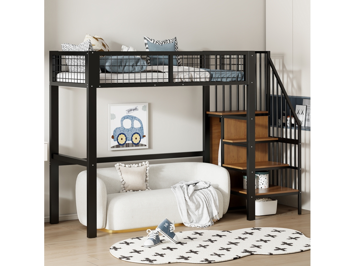 Cama alta metálica de 90x200 cm com escada, prateleira, roupeiro, preta VSOGA