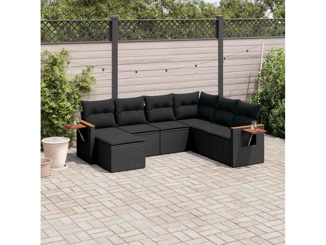 Vidaxl 7 Pcs Conjunto De Sofás P/ Jardim C/ Almofadões Vime Pe Preto