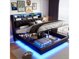 Cama De Casal 140x200cm Suspensa Com Armazenamento De Elevação Hidráulica E Led Rgb, Cama Estofada Moderna Em Couro Pu Com Usb-c/a, Preto