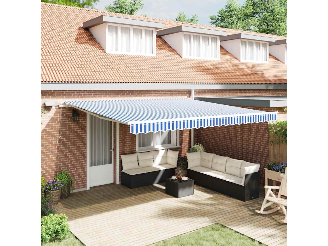 Vidaxl Toldo Retrátil Azul E Branco 500 × 300 Cm Poliéster E Alumínio