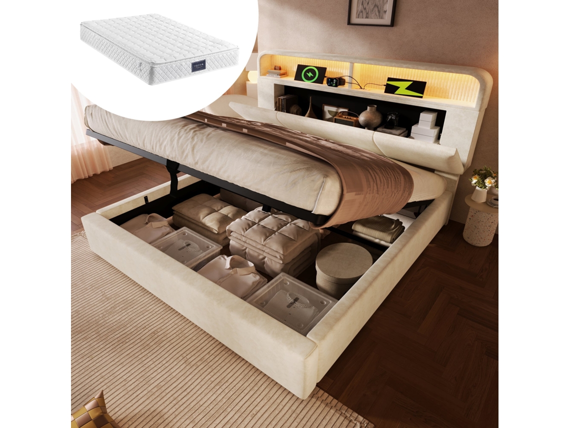 Cama 140x200cm veludo com reforço hidráulico, LED, USB c, colchão incluso, moderno, bege, KOMHTOM