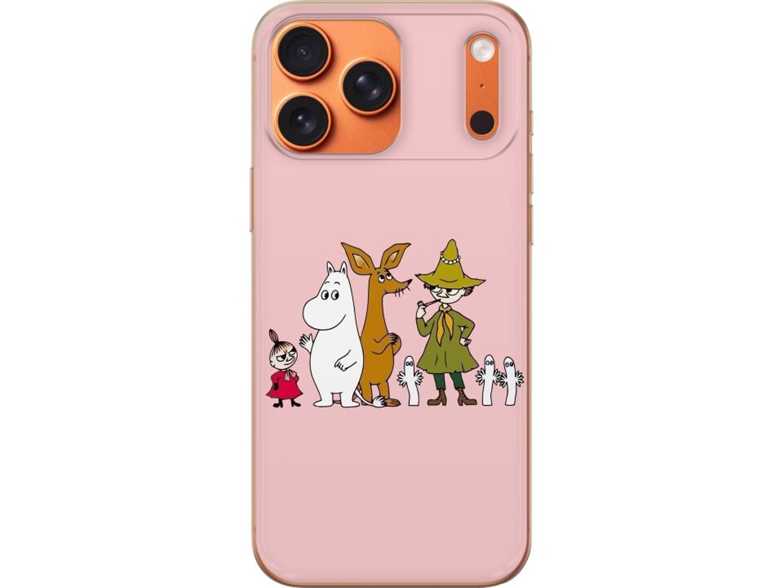 Capa Para Celular Compatível Com Apple Iphone 17 Pro Max. Várias Figuras Juntas Em Um Fundo Rosa.