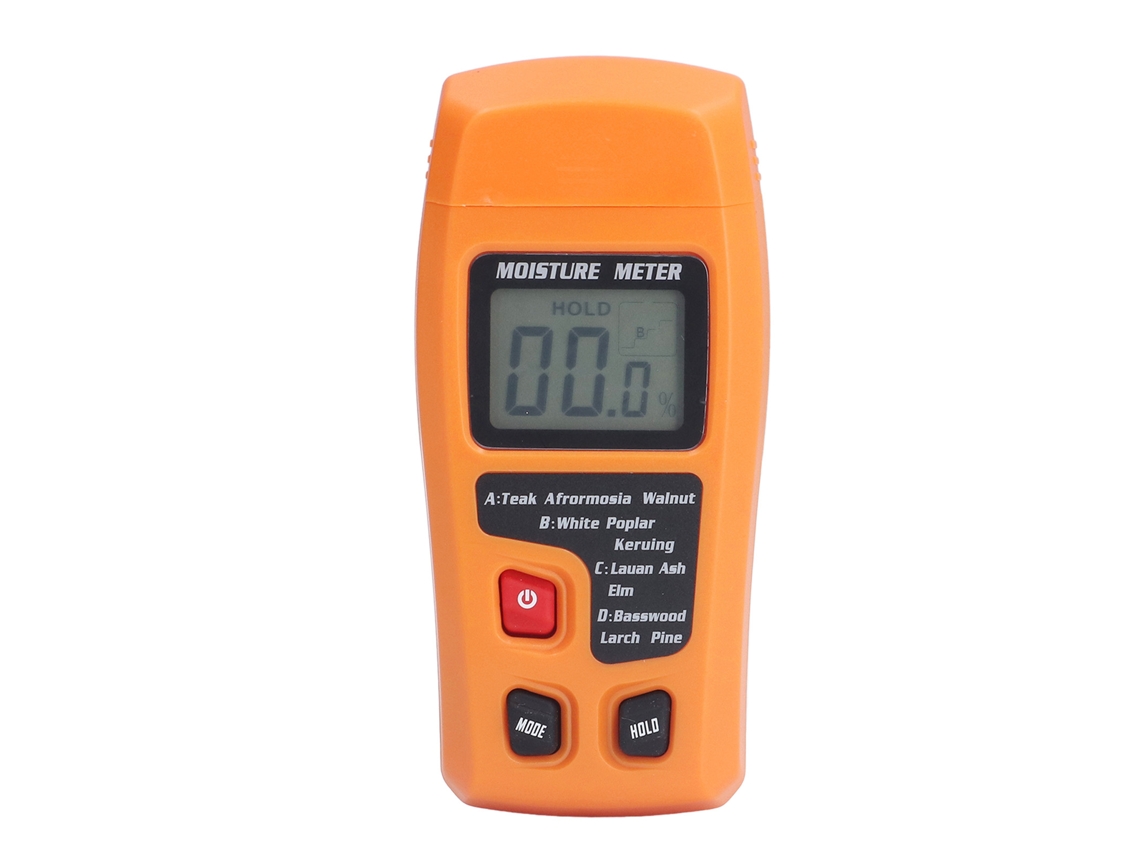Medidor de umidade para madeira de alta precisão com 4 modos e detector laranja.