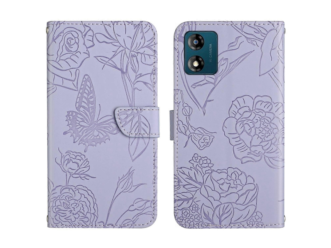 Capa De Celular Flip Em Couro Sintético Com Textura De Borboleta Para Motorola Moto E13 4g Ht03