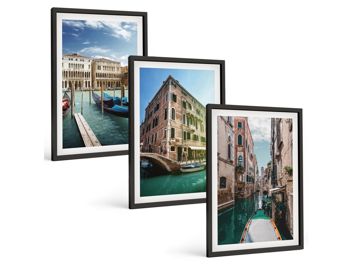 Quadros Decorativos Para Parede Canais De Veneza, Arquitetura Moldura Preta Pinturas De Quarto Espelharte (3 Piezas De 40x60 Cm)