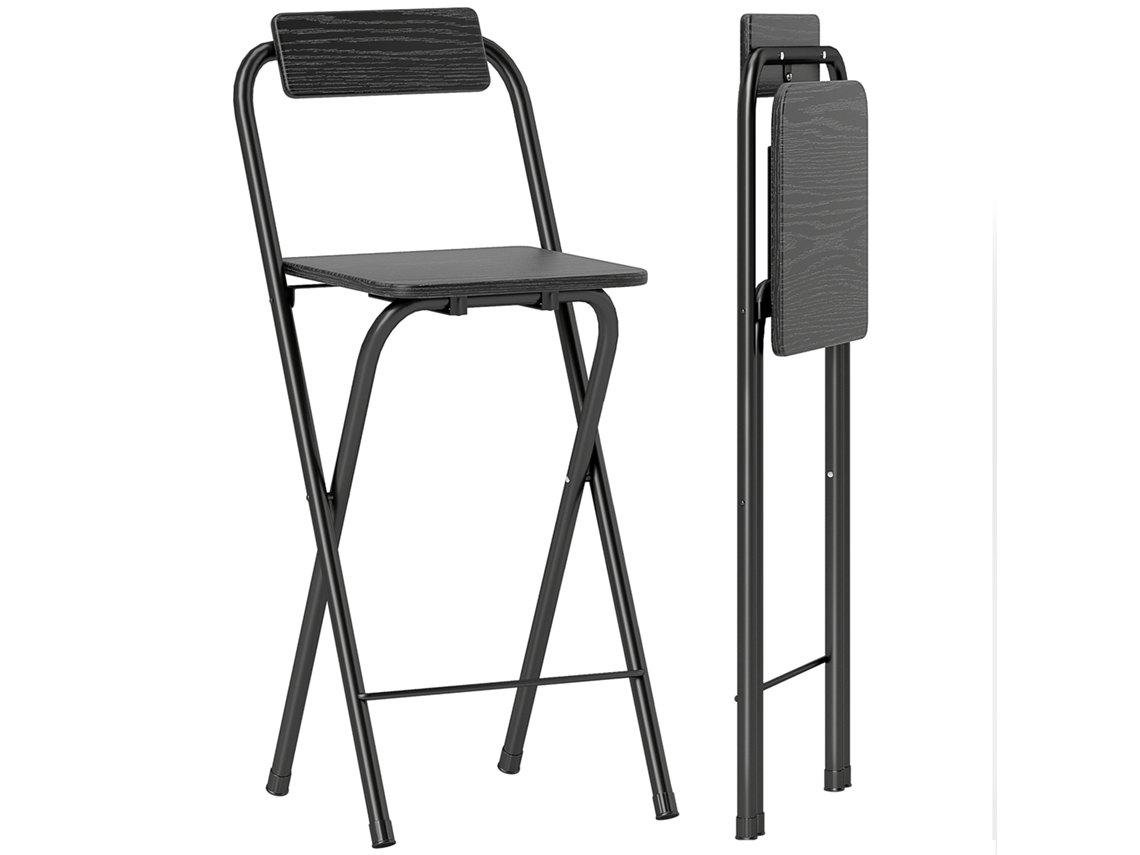 Conjunto de 2 Banquetas Dobráveis com Encosto e Apoio para os Pés, Estrutura de Aço, 87 Cm de Altura, Pretas CHEZMOI