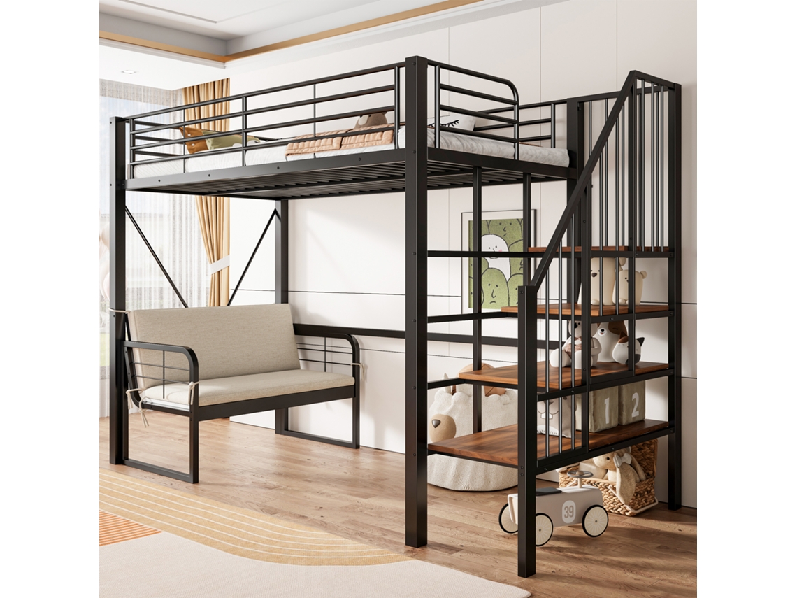 Cama De Etagem 90x200 Metal Com Sofá Acolchoado Armazenamento Escada Segura Preto