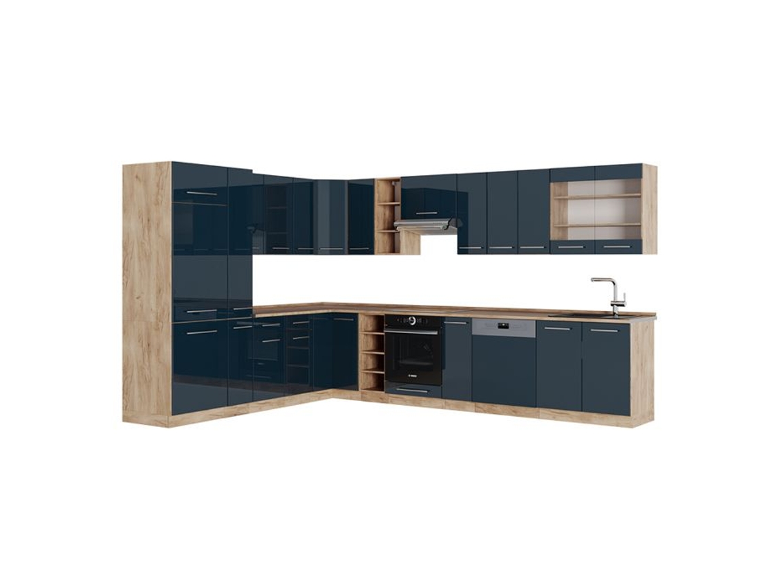 Cozinha de canto Fame-Line, 257 x 60 cm sem bancada, azul escuro brilhante/carvalho dourado, VICCO