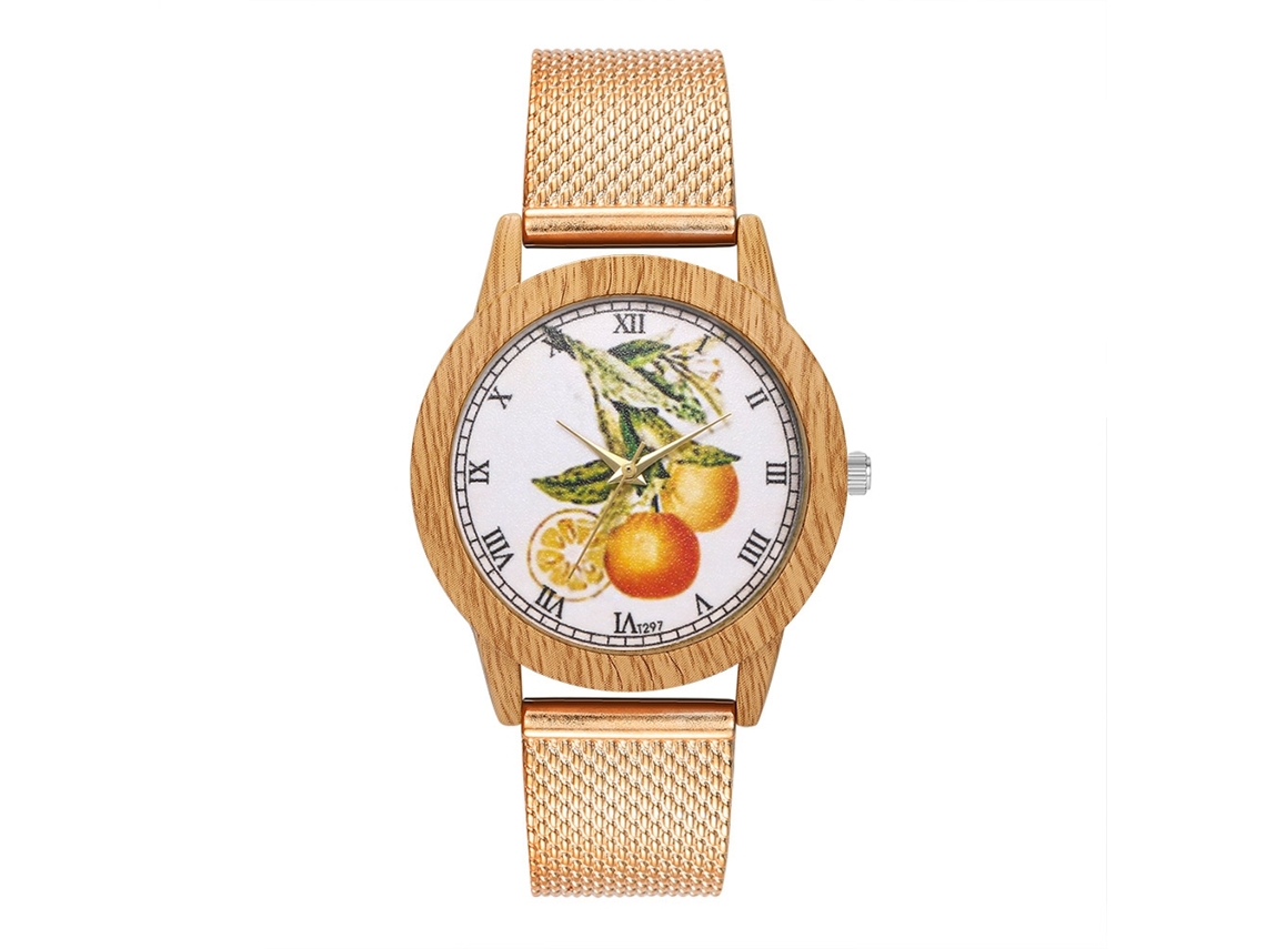 Reloj Unisex Zhoulianfa Dial Fruta Correa Malla Cuarzo Analógico Oro Rosa