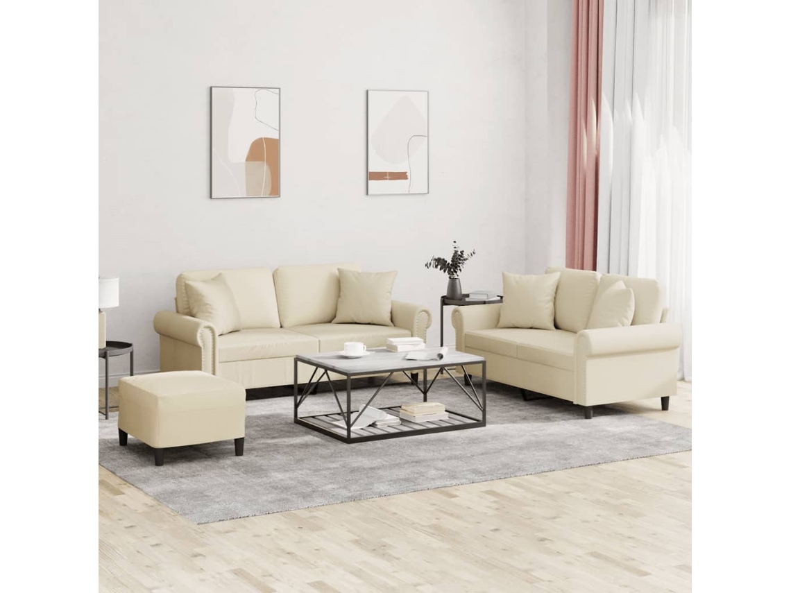 Vidaxl 3 Pcs Conjunto De Sofás Com Almofadas Couro Artificial Creme