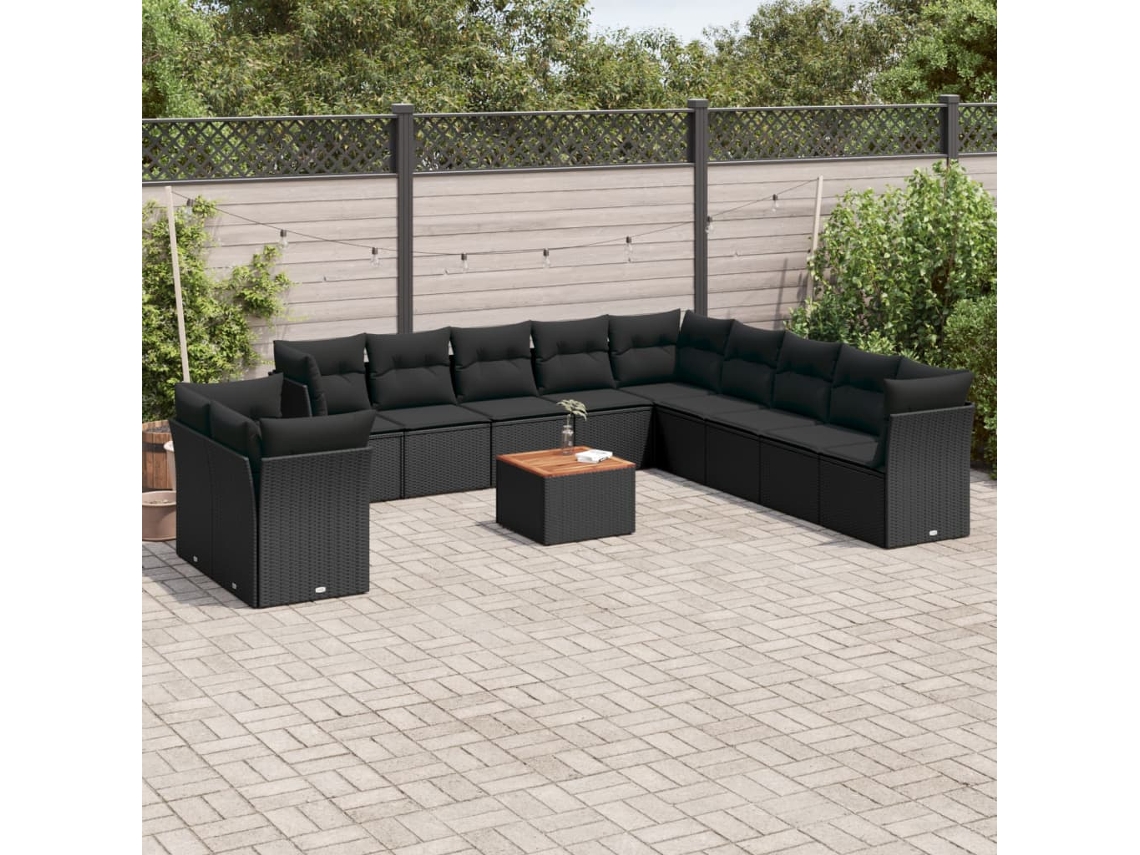 Conjunto de Sofá de Jardim 12 Peças C/ Almofadões Vime Pe Preto Dkd Home Decor