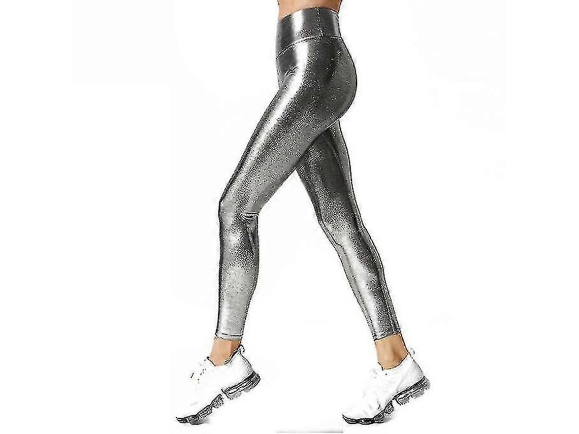 Leggings Metálicos Brilhantes Com Cintura Alta Confortável E Tecido Elástico De Alta Qualidade Prata