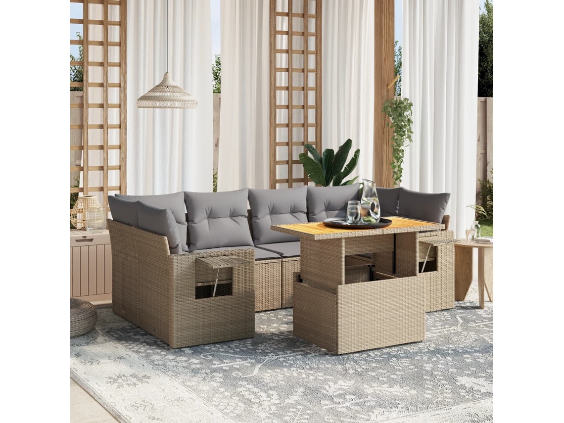 Vidaxl 7 Pcs Conjunto De Sofás P/ Jardim Com Almofadões Vime Pe Bege