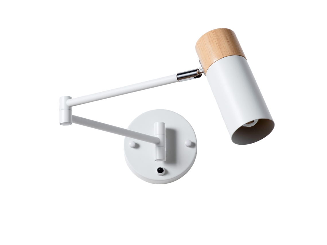 Aplique De Parede Extensível Com Interruptor, Cabeça Orientável, Metal Branco E Madeira Natural, Casquilho E27