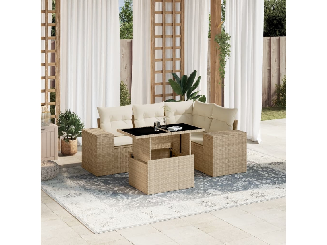 Vidaxl 5 Pcs Conjunto De Sofás P/ Jardim Com Almofadões Vime Pe Bege