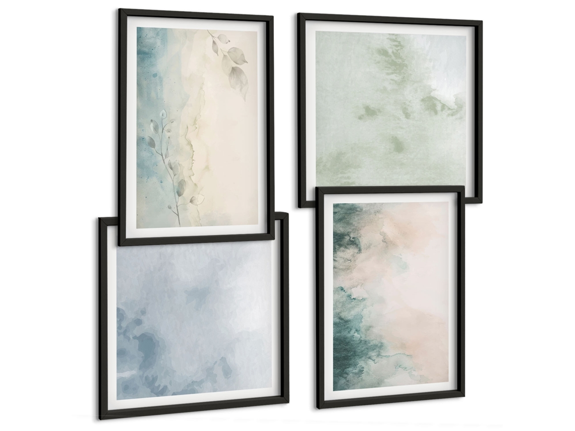 Composição De Quadros Aquarelas Derramadas Tela Minimalismo Espelharte (4 Peças)