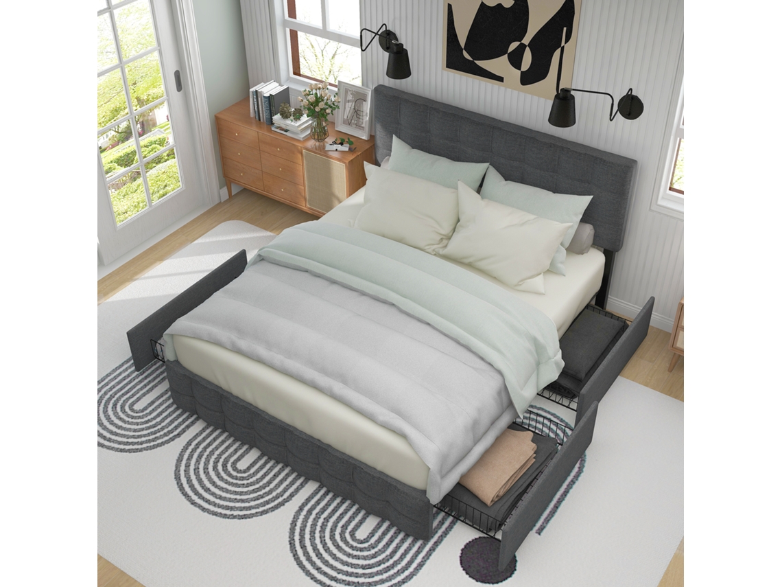 Cama Casal 140x200cm Cinza Gavetas Armazenamento Cabeceira Ajustável