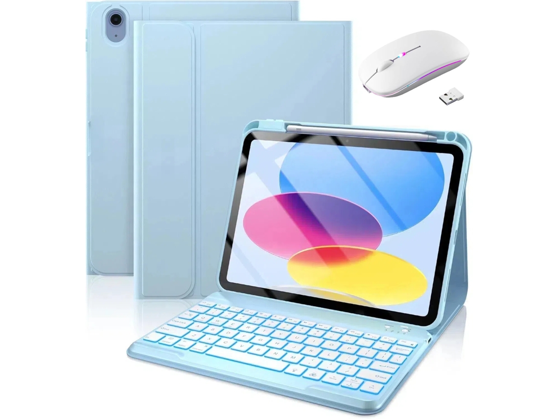 Capa Teclado Bluetooth Czhhmart Para Ipad Air2/pro (9.7) Polegadas, Con Teclado Y Mouse Magnéticos Retroiluminados (azul Celeste)