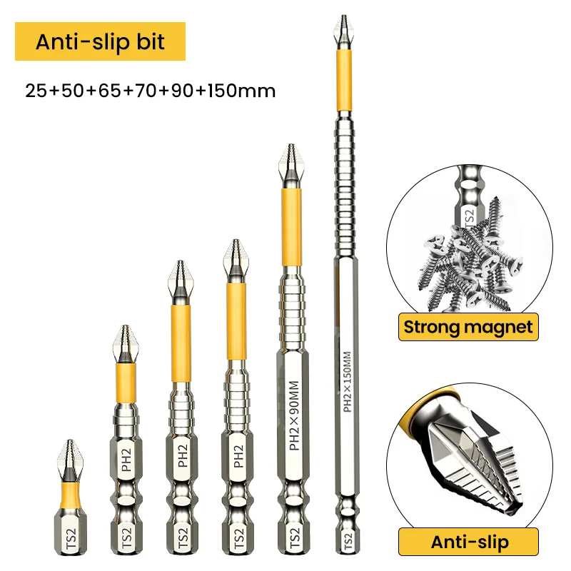 Chave De Fenda De Impacto Antiderrapante Com Ímã Forte, Ponta Cruzada, Alta Dureza E Torque, À Prova D'água, Conjunto De Bits Ph2, Bege